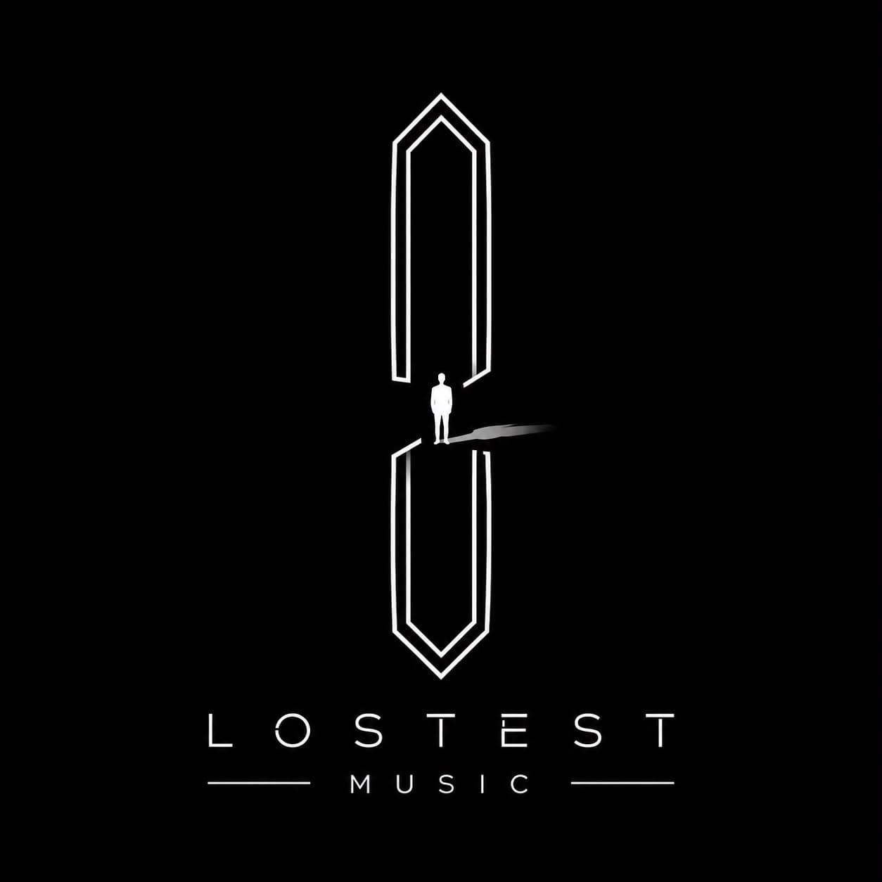 The Lostest Music logo, a tall split monolith drawn in thin white lines with a lone figure standing at the seam